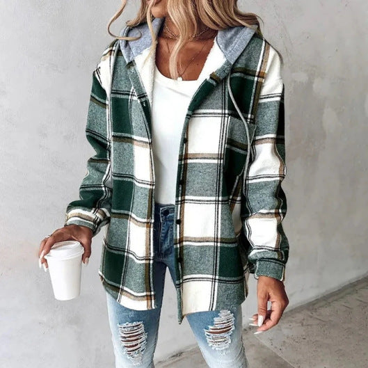 Giacca Camicia Donna a Quadri con Cappuccio - Casual Chic e Mezza Stagione - Martina