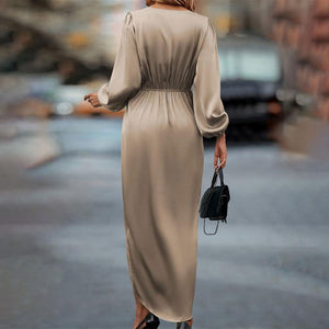 Isabella – Vestito Lungo Donna Elegante in Raso con Scollo a V e Maniche Lunghe