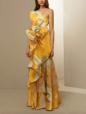 Vestito Lungo Asimmetrico Floreale Elegante