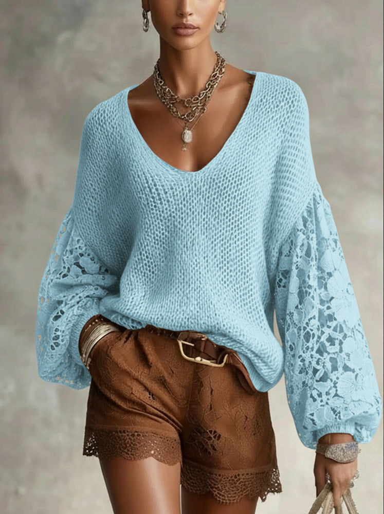 Maglia Donna Traforata con Maniche in Pizzo e Scollo a V – Stile Boho Chic – Selene