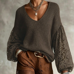 Maglia Donna Traforata con Maniche in Pizzo e Scollo a V – Stile Boho Chic – Selene