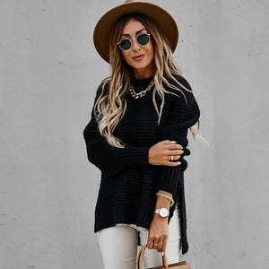 Maglione Donna Oversize a Collo Alto con Spacchi Laterali – Maglia Grossa e Comfort – Viola