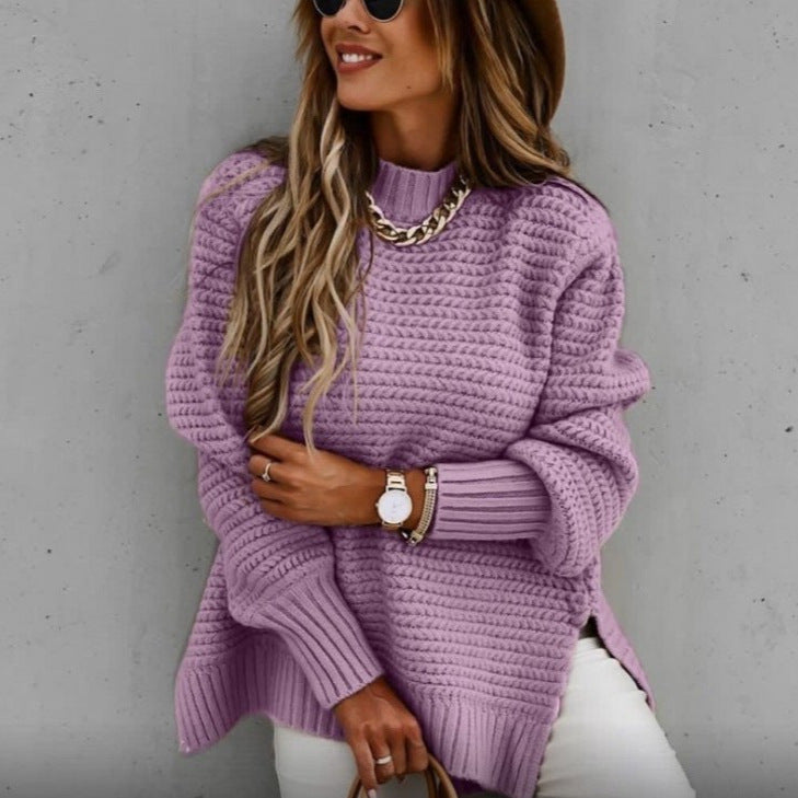 Maglione Donna Oversize a Collo Alto con Spacchi Laterali – Maglia Grossa e Comfort – Viola
