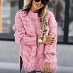 Maglione Donna Oversize a Collo Alto con Spacchi Laterali – Maglia Grossa e Comfort – Viola