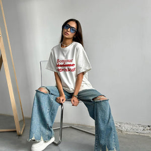 Maglietta Oversize Bianca con Scritta Leela Moda