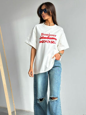 Maglietta Oversize Bianca con Scritta Leela Moda