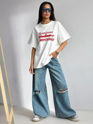 Maglietta Oversize Bianca con Scritta Leela Moda