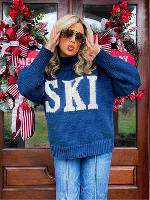 Maglione Dolcevita Donna con Scritta Ski - Morbido Effetto Lana