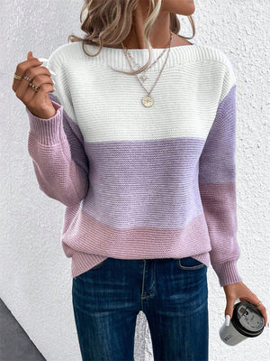 Maglione Donna Elegante a Blocchi di Colore – Girocollo Comodo e Versatile – Viola
