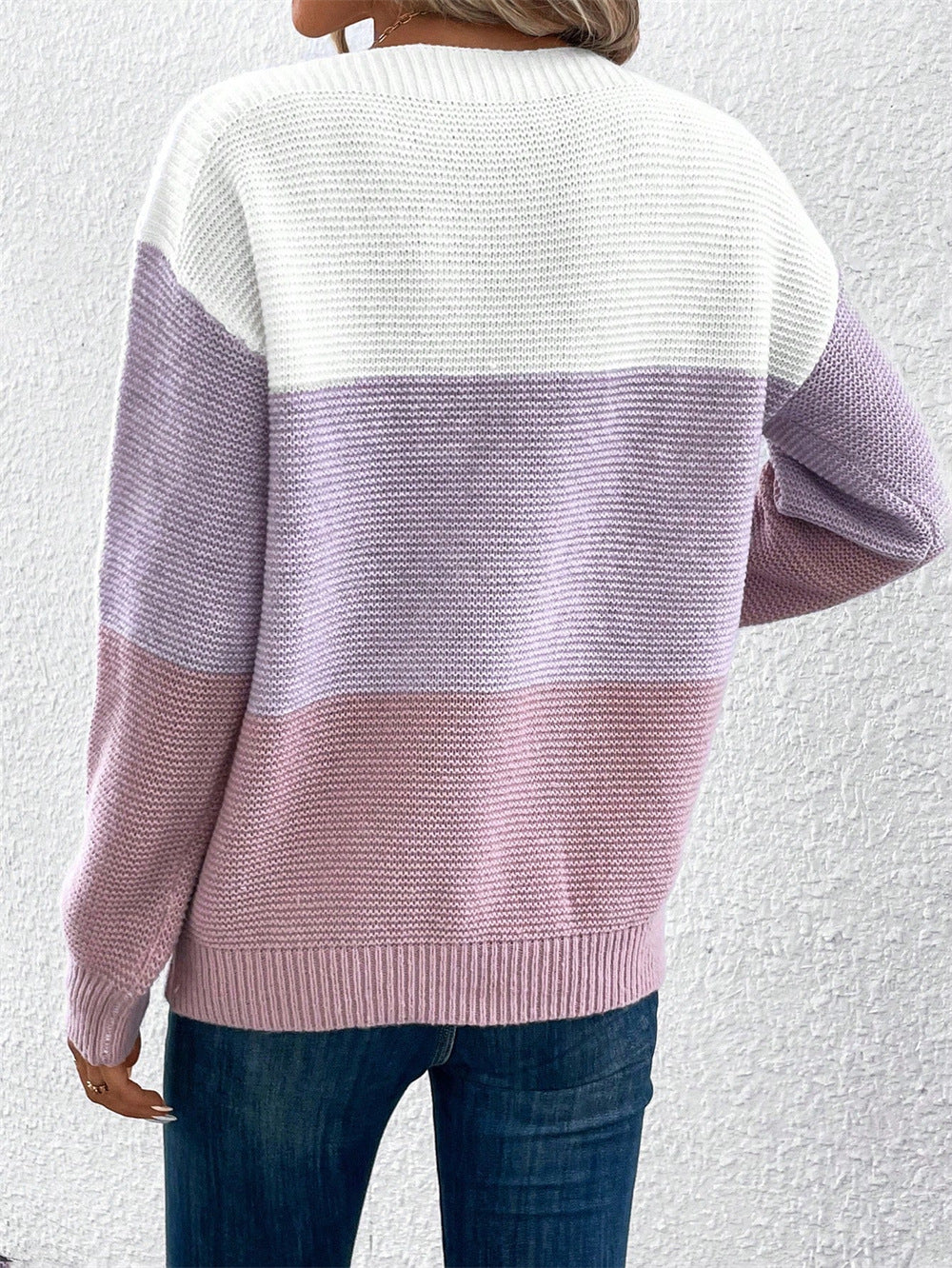 Maglione Donna Elegante a Blocchi di Colore – Girocollo Comodo e Versatile – Viola