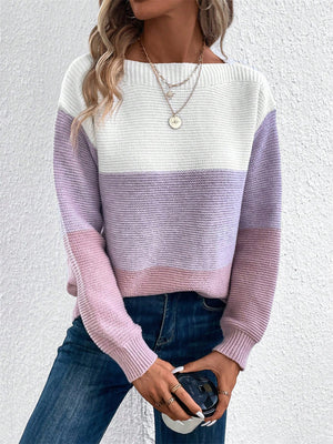 Maglione Donna Elegante a Blocchi di Colore – Girocollo Comodo e Versatile – Viola