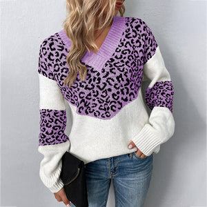 Maglione Donna Elegante a Fantasia Leopardata – Scollo a V e Maglia Morbida