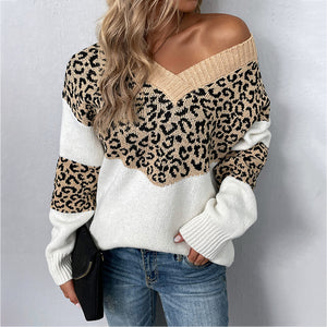 Maglione Donna Elegante a Fantasia Leopardata – Scollo a V e Maglia Morbida