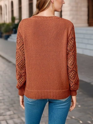 Maglione Donna Elegante con Scollo a V e Maniche in Pizzo Lavorato – Bianca