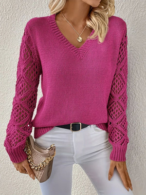 Maglione Donna Elegante con Scollo a V e Maniche in Pizzo Lavorato – Bianca
