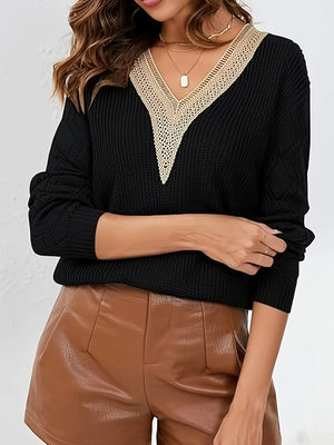 Maglione Donna Elegante con Scollo a V in Pizzo e Maniche Traforate – Elena
