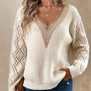 Maglione Donna Elegante con Scollo a V in Pizzo e Maniche Traforate – Elena
