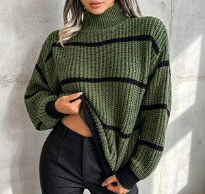 Maglione Donna Oversize a Collo Alto con Righe a Contrasto – Maglia Grossa e Comfort – Ginevra