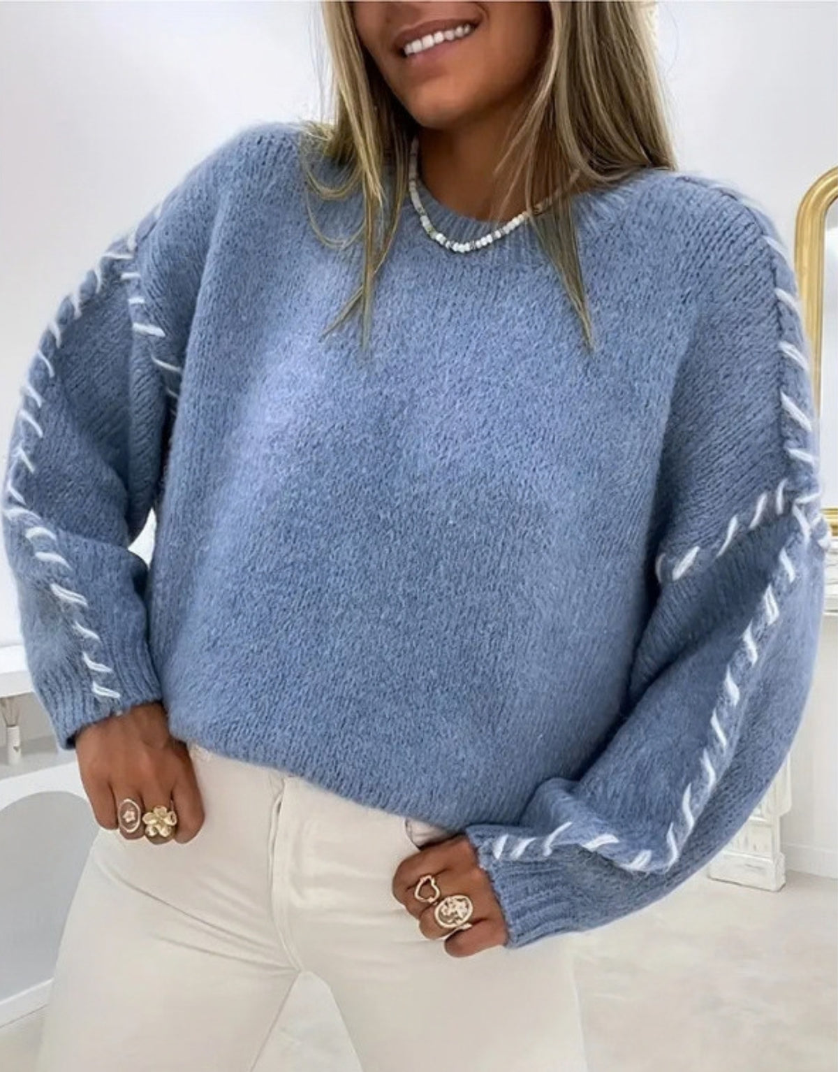 Maglione Donna Oversize con Cuciture a Contrasto sulle Maniche – Stile Artigianale – Rebecca