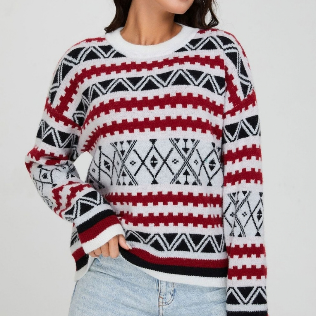 Maglione Donna Oversize con Motivo Jacquard Etnico – Stile Grafico e Comfort – Nadia