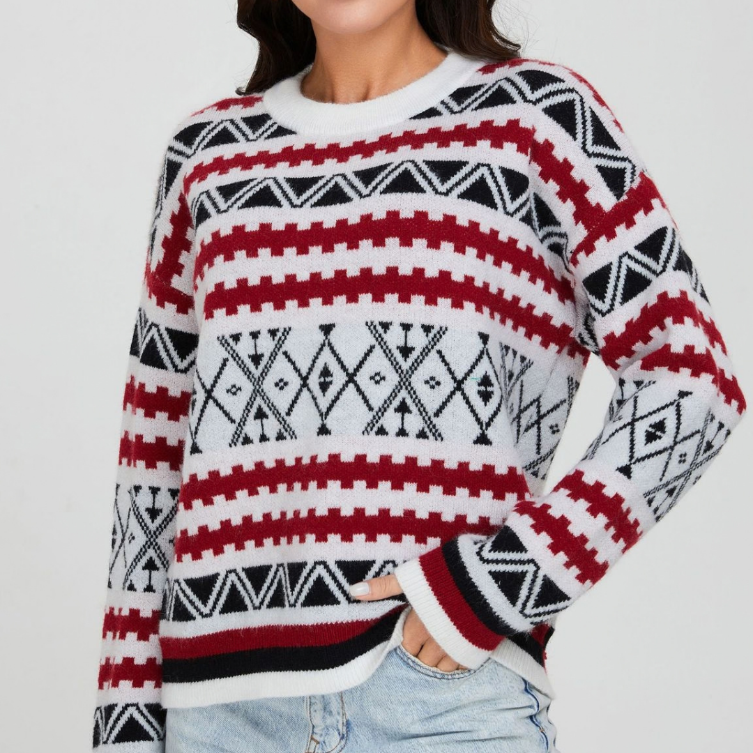 Maglione Donna Oversize con Motivo Jacquard Etnico – Stile Grafico e Comfort – Nadia
