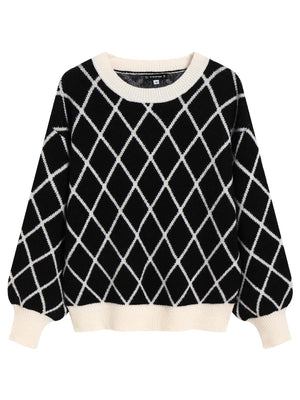 Maglione Donna con Motivo a Rombi e Maniche a Palloncino – Eleganza Grafica – Vittoria