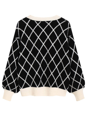 Maglione Donna con Motivo a Rombi e Maniche a Palloncino – Eleganza Grafica – Vittoria