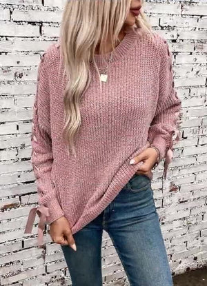 Maglione Invernale Donna – Elegante con Fiocchi sulle Maniche e Dettagli Intrecciati
