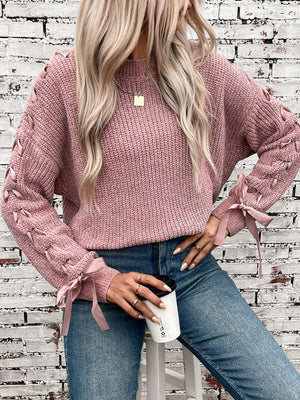 Maglione Invernale Donna – Elegante con Fiocchi sulle Maniche e Dettagli Intrecciati