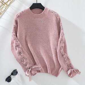 Maglione Invernale Donna – Elegante con Fiocchi sulle Maniche e Dettagli Intrecciati