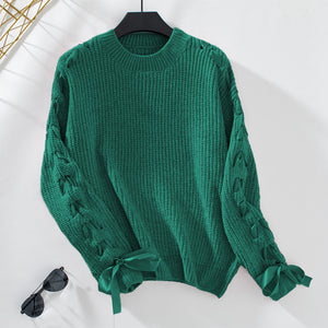 Maglione Invernale Donna – Elegante con Fiocchi sulle Maniche e Dettagli Intrecciati