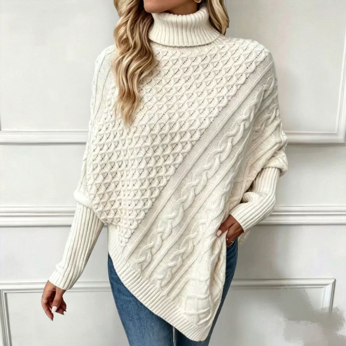 Maglione Poncho Donna a Collo Alto con Lavorazione a Trecce – Eleganza Avvolgente – Beatrice