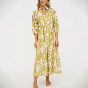 Vestito Donna Estivo Lungo – Abito Floreale con Colletto, Maniche 3/4 e Linea Ampia
