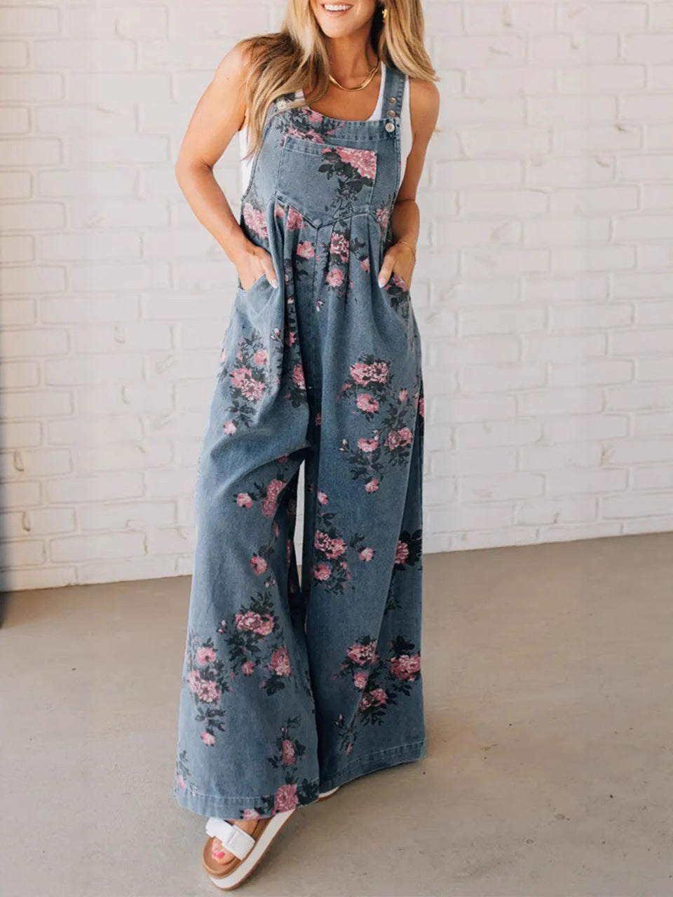 Salopette Donna Larga – Denim Floreale con Tasche e Comfort Giada