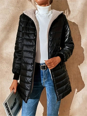 Aurora - Piumino Lungo Nero Imbottito con Cappuccio in Peluche