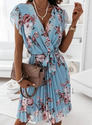 Vestito Donna Elegante Corto – Abito Floreale a Portafoglio con Cintura
