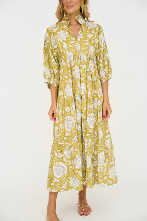 Vestito Donna Estivo Lungo – Abito Floreale con Colletto, Maniche 3/4 e Linea Ampia