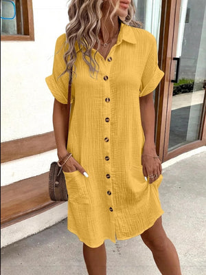 Vestito Donna Estivo Chemisier – Abito Camicia con Tasche e Bottoni