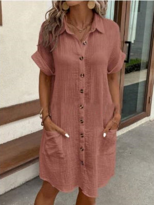 Vestito Donna Estivo Chemisier – Abito Camicia con Tasche e Bottoni