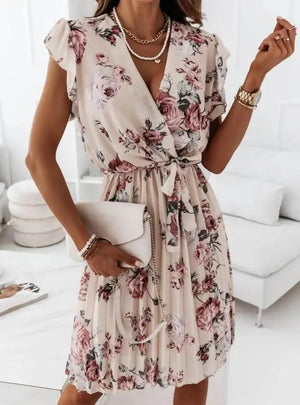 Vestito Donna Elegante Corto – Abito Floreale a Portafoglio con Cintura