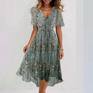 Lilia – Vestito Midi Elegante per Cerimonia con Maniche Corte e Gonna Svasata