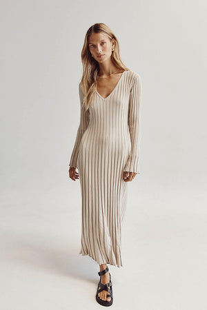 Vestito Lungo in Maglia con Scollo a V e Maniche Lunghe