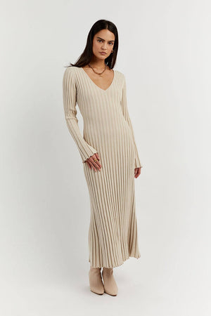Vestito Lungo in Maglia con Scollo a V e Maniche Lunghe