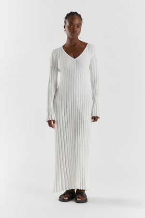 Vestito Lungo in Maglia con Scollo a V e Maniche Lunghe