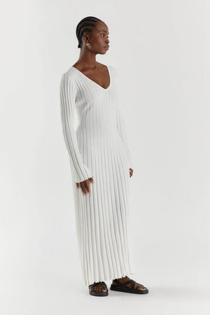Vestito Lungo in Maglia con Scollo a V e Maniche Lunghe