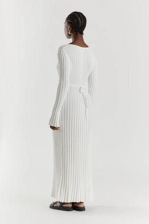 Vestito Lungo in Maglia con Scollo a V e Maniche Lunghe