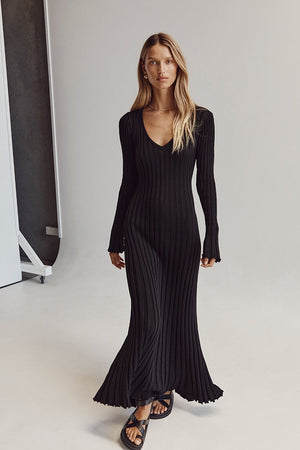Vestito Lungo in Maglia con Scollo a V e Maniche Lunghe