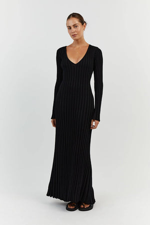 Vestito Lungo in Maglia con Scollo a V e Maniche Lunghe