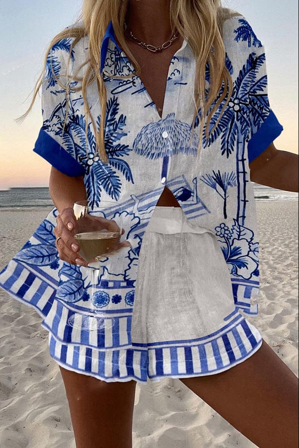 Completo Donna Estivo Camicia e Shorts Stampa Ceramica Blu e Bianco | Caltagirone