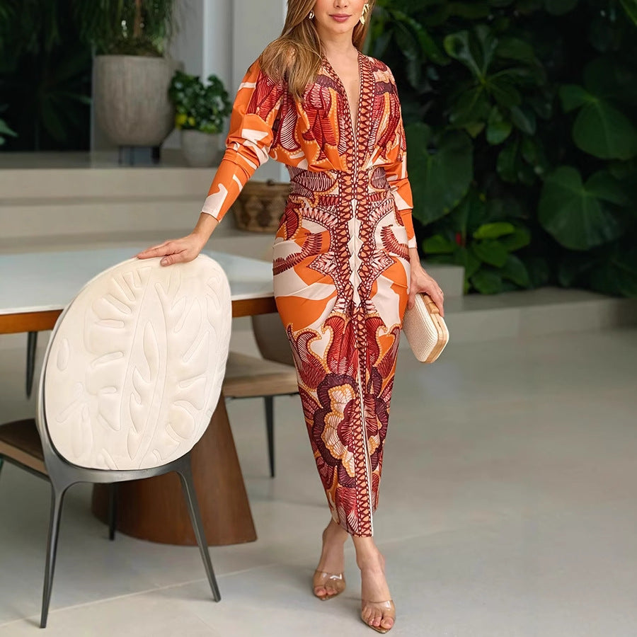 Vestito Midi Drappeggiato a Manica Lunga con Apertura e Stampa